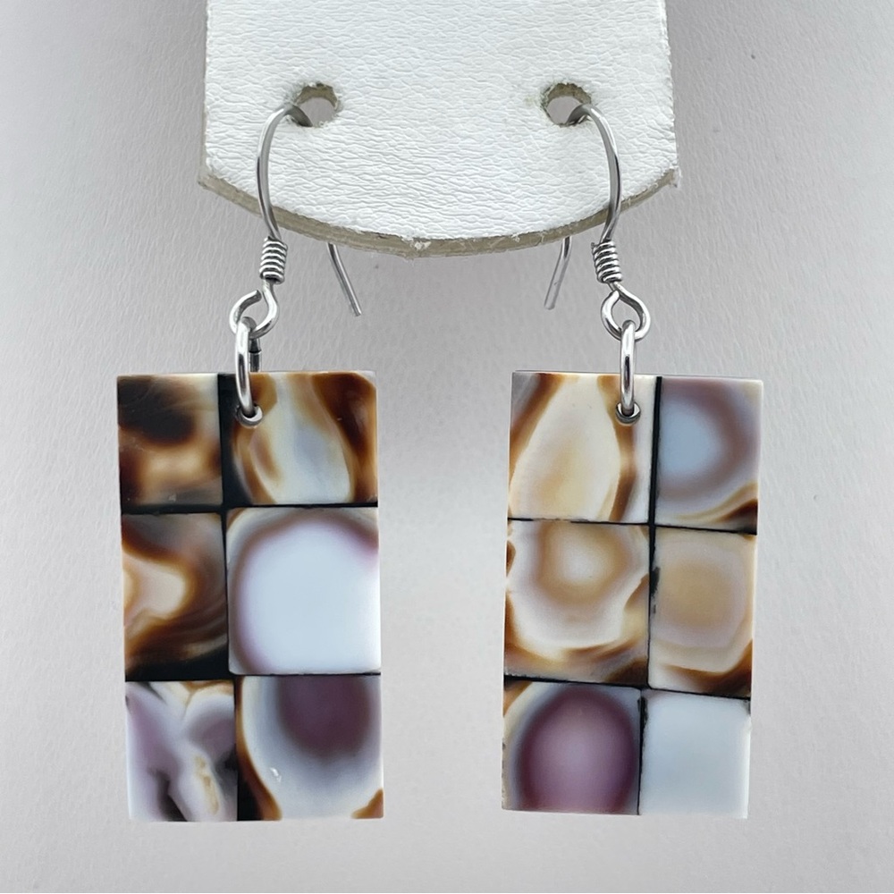 Boho Mosaic Shell Rectangle Earrings Brown White … - image 1